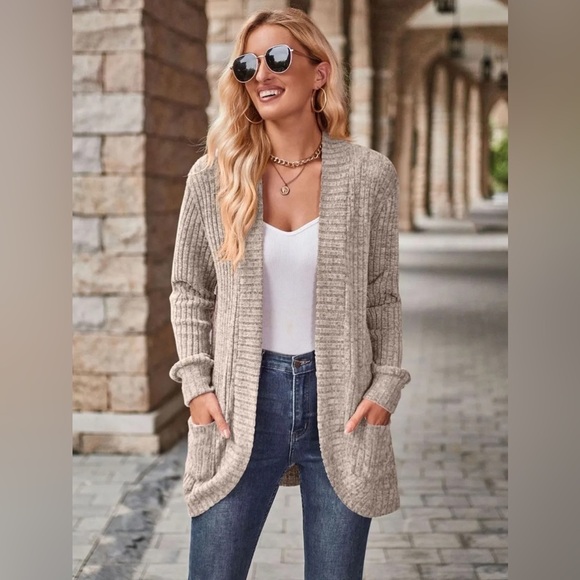 Cozy Elegance Open Front Cardigan with Pockets - Picture 1 of 4